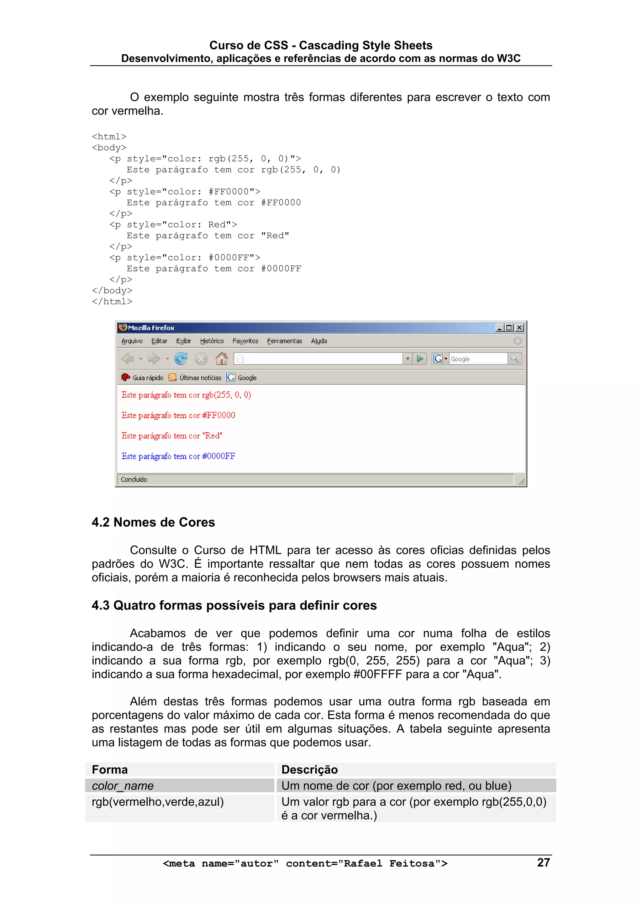 Curso de CSS - Cascading Style Sheets
     Desenvolvimento, aplicações e referências de acordo com as normas do W3C


       O exemplo seguinte mostra três formas diferentes para escrever o texto com
cor vermelha.

<html>
<body>
   <p style="color: rgb(255, 0, 0)">
      Este parágrafo tem cor rgb(255, 0, 0)
   </p>
   <p style="color: #FF0000">
      Este parágrafo tem cor #FF0000
   </p>
   <p style="color: Red">
      Este parágrafo tem cor "Red"
   </p>
   <p style="color: #0000FF">
      Este parágrafo tem cor #0000FF
   </p>
</body>
</html>




4.2 Nomes de Cores

         Consulte o Curso de HTML para ter acesso às cores oficias definidas pelos
padrões do W3C. É importante ressaltar que nem todas as cores possuem nomes
oficiais, porém a maioria é reconhecida pelos browsers mais atuais.

4.3 Quatro formas possíveis para definir cores

       Acabamos de ver que podemos definir uma cor numa folha de estilos
indicando-a de três formas: 1) indicando o seu nome, por exemplo "Aqua"; 2)
indicando a sua forma rgb, por exemplo rgb(0, 255, 255) para a cor "Aqua"; 3)
indicando a sua forma hexadecimal, por exemplo #00FFFF para a cor "Aqua".

       Além destas três formas podemos usar uma outra forma rgb baseada em
porcentagens do valor máximo de cada cor. Esta forma é menos recomendada do que
as restantes mas pode ser útil em algumas situações. A tabela seguinte apresenta
uma listagem de todas as formas que podemos usar.

Forma                            Descrição
color_name                       Um nome de cor (por exemplo red, ou blue)
rgb(vermelho,verde,azul)         Um valor rgb para a cor (por exemplo rgb(255,0,0)
                                 é a cor vermelha.)


            <meta name="autor" content="Rafael Feitosa">                        27
 