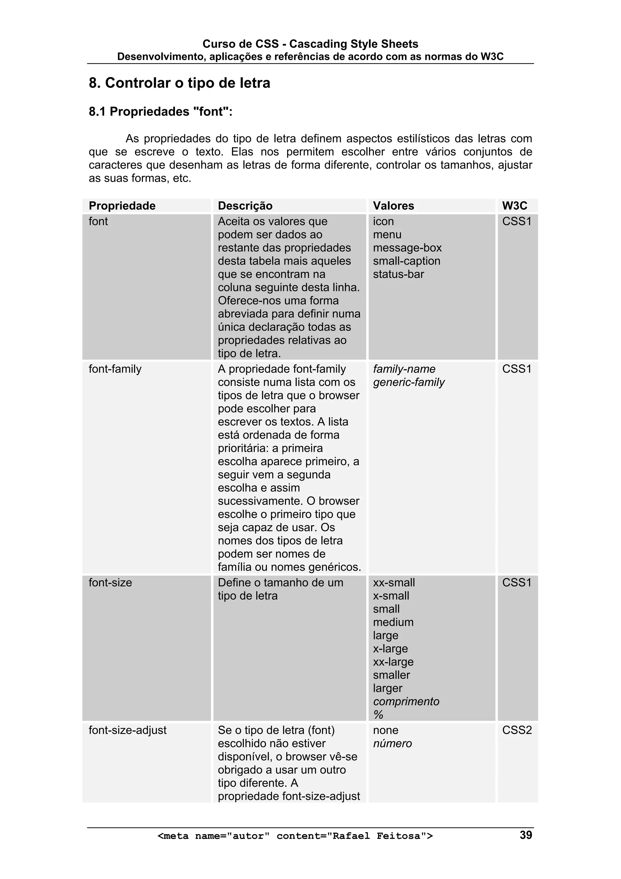 Curso de CSS - Cascading Style Sheets
     Desenvolvimento, aplicações e referências de acordo com as normas do W3C

8. Controlar o tipo de letra
8.1 Propriedades "font":

       As propriedades do tipo de letra definem aspectos estilísticos das letras com
que se escreve o texto. Elas nos permitem escolher entre vários conjuntos de
caracteres que desenham as letras de forma diferente, controlar os tamanhos, ajustar
as suas formas, etc.

Propriedade             Descrição                      Valores                W3C
font                    Aceita os valores que          icon                   CSS1
                        podem ser dados ao             menu
                        restante das propriedades      message-box
                        desta tabela mais aqueles      small-caption
                        que se encontram na            status-bar
                        coluna seguinte desta linha.
                        Oferece-nos uma forma
                        abreviada para definir numa
                        única declaração todas as
                        propriedades relativas ao
                        tipo de letra.
font-family             A propriedade font-family      family-name            CSS1
                        consiste numa lista com os     generic-family
                        tipos de letra que o browser
                        pode escolher para
                        escrever os textos. A lista
                        está ordenada de forma
                        prioritária: a primeira
                        escolha aparece primeiro, a
                        seguir vem a segunda
                        escolha e assim
                        sucessivamente. O browser
                        escolhe o primeiro tipo que
                        seja capaz de usar. Os
                        nomes dos tipos de letra
                        podem ser nomes de
                        família ou nomes genéricos.
font-size               Define o tamanho de um         xx-small               CSS1
                        tipo de letra                  x-small
                                                       small
                                                       medium
                                                       large
                                                       x-large
                                                       xx-large
                                                       smaller
                                                       larger
                                                       comprimento
                                                       %
font-size-adjust        Se o tipo de letra (font)      none                   CSS2
                        escolhido não estiver          número
                        disponível, o browser vê-se
                        obrigado a usar um outro
                        tipo diferente. A
                        propriedade font-size-adjust


              <meta name="autor" content="Rafael Feitosa">                       39
 