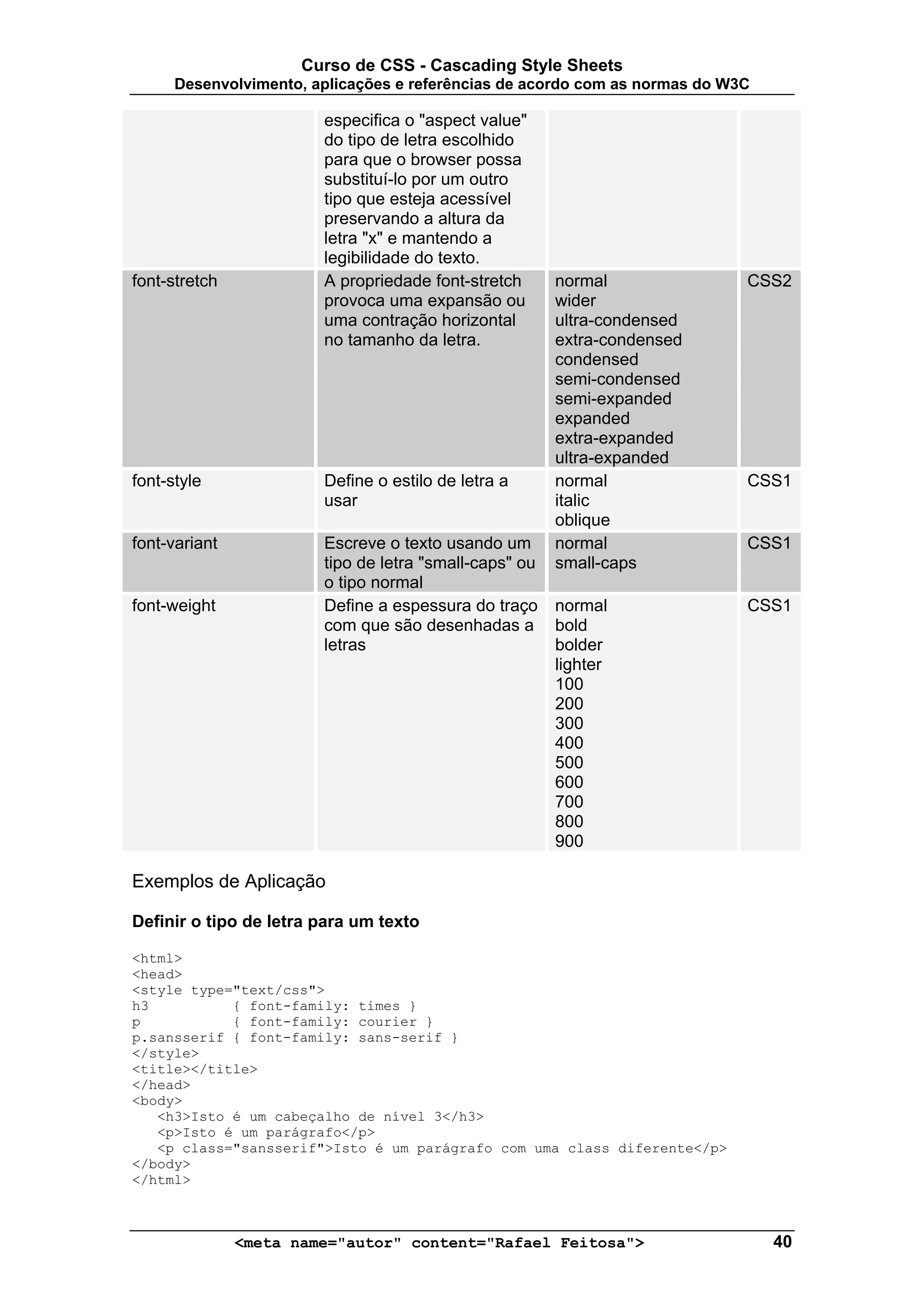 Curso de CSS - Cascading Style Sheets
      Desenvolvimento, aplicações e referências de acordo com as normas do W3C

                        especifica o "aspect value"
                        do tipo de letra escolhido
                        para que o browser possa
                        substituí-lo por um outro
                        tipo que esteja acessível
                        preservando a altura da
                        letra "x" e mantendo a
                        legibilidade do texto.
font-stretch            A propriedade font-stretch      normal               CSS2
                        provoca uma expansão ou         wider
                        uma contração horizontal        ultra-condensed
                        no tamanho da letra.            extra-condensed
                                                        condensed
                                                        semi-condensed
                                                        semi-expanded
                                                        expanded
                                                        extra-expanded
                                                        ultra-expanded
font-style              Define o estilo de letra a      normal               CSS1
                        usar                            italic
                                                        oblique
font-variant            Escreve o texto usando um       normal               CSS1
                        tipo de letra "small-caps" ou   small-caps
                        o tipo normal
font-weight             Define a espessura do traço     normal               CSS1
                        com que são desenhadas a        bold
                        letras                          bolder
                                                        lighter
                                                        100
                                                        200
                                                        300
                                                        400
                                                        500
                                                        600
                                                        700
                                                        800
                                                        900

Exemplos de Aplicação

Definir o tipo de letra para um texto

<html>
<head>
<style type="text/css">
h3          { font-family: times }
p           { font-family: courier }
p.sansserif { font-family: sans-serif }
</style>
<title></title>
</head>
<body>
   <h3>Isto é um cabeçalho de nível 3</h3>
   <p>Isto é um parágrafo</p>
   <p class="sansserif">Isto é um parágrafo com uma class diferente</p>
</body>
</html>



               <meta name="autor" content="Rafael Feitosa">                      40
 