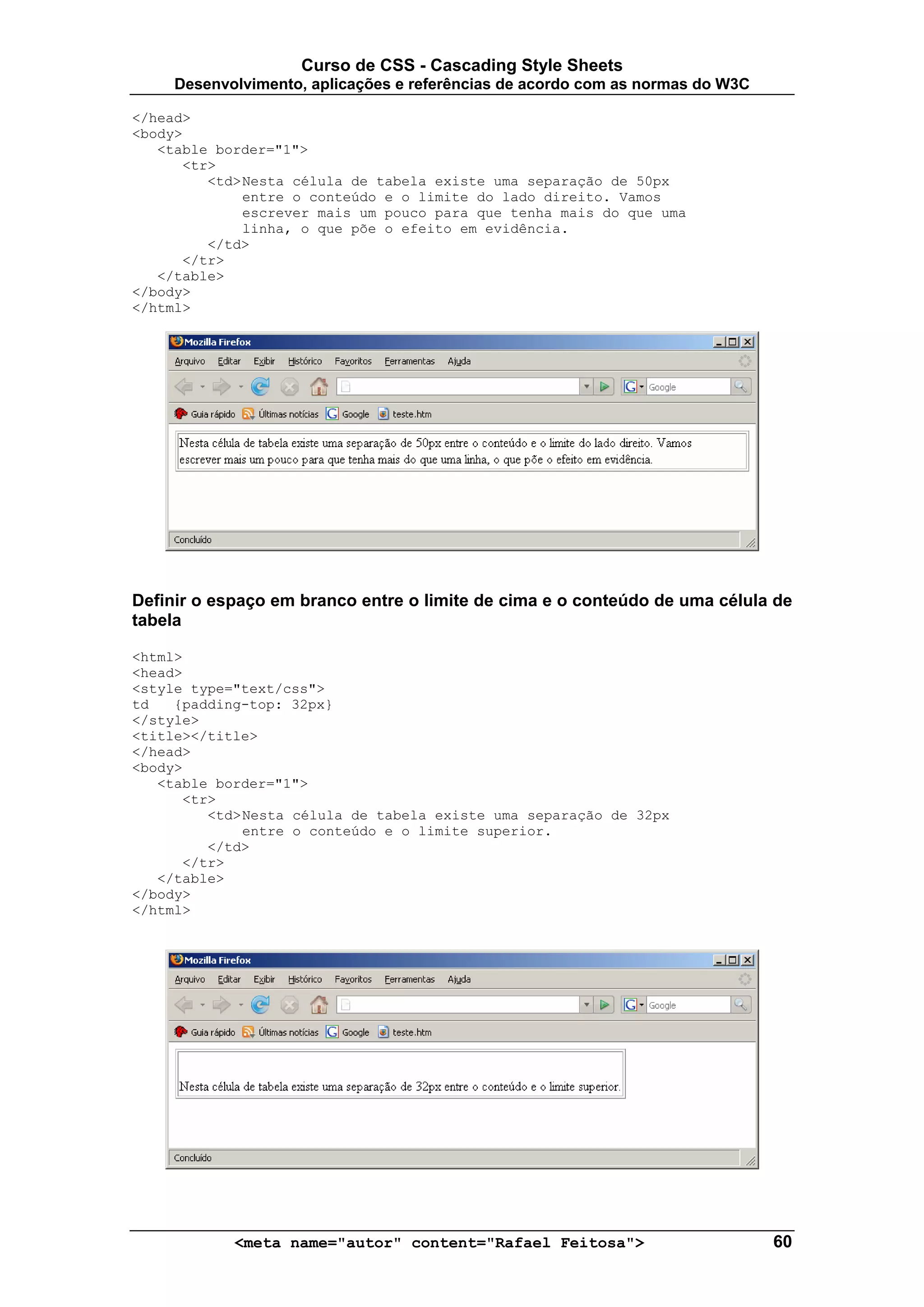 Curso de CSS - Cascading Style Sheets
     Desenvolvimento, aplicações e referências de acordo com as normas do W3C

</head>
<body>
   <table border="1">
      <tr>
         <td> Nesta célula de tabela existe uma separação de 50px
              entre o conteúdo e o limite do lado direito. Vamos
              escrever mais um pouco para que tenha mais do que uma
              linha, o que põe o efeito em evidência.
         </td>
      </tr>
   </table>
</body>
</html>




Definir o espaço em branco entre o limite de cima e o conteúdo de uma célula de
tabela

<html>
<head>
<style type="text/css">
td   {padding-top: 32px}
</style>
<title></title>
</head>
<body>
   <table border="1">
      <tr>
         <td> Nesta célula de tabela existe uma separação de 32px
              entre o conteúdo e o limite superior.
         </td>
      </tr>
   </table>
</body>
</html>




            <meta name="autor" content="Rafael Feitosa">                        60
 