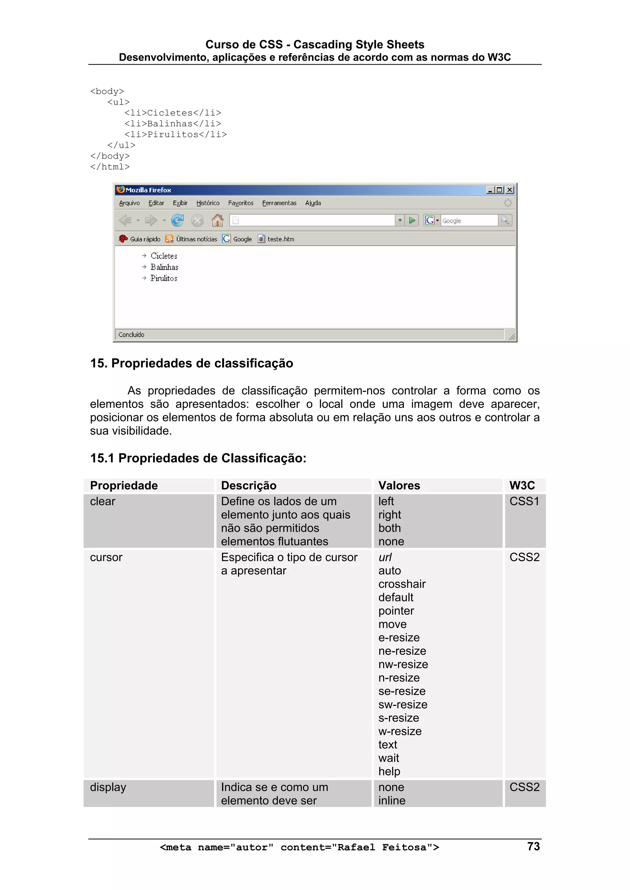 Curso de CSS - Cascading Style Sheets
     Desenvolvimento, aplicações e referências de acordo com as normas do W3C


<body>
   <ul>
      <li>Cicletes</li>
      <li>Balinhas</li>
      <li>Pirulitos</li>
   </ul>
</body>
</html>




15. Propriedades de classificação

       As propriedades de classificação permitem-nos controlar a forma como os
elementos são apresentados: escolher o local onde uma imagem deve aparecer,
posicionar os elementos de forma absoluta ou em relação uns aos outros e controlar a
sua visibilidade.

15.1 Propriedades de Classificação:

Propriedade             Descrição                     Valores                 W3C
clear                   Define os lados de um         left                    CSS1
                        elemento junto aos quais      right
                        não são permitidos            both
                        elementos flutuantes          none
cursor                  Especifica o tipo de cursor   url                     CSS2
                        a apresentar                  auto
                                                      crosshair
                                                      default
                                                      pointer
                                                      move
                                                      e-resize
                                                      ne-resize
                                                      nw-resize
                                                      n-resize
                                                      se-resize
                                                      sw-resize
                                                      s-resize
                                                      w-resize
                                                      text
                                                      wait
                                                      help
display                 Indica se e como um           none                    CSS2
                        elemento deve ser             inline


              <meta name="autor" content="Rafael Feitosa">                       73
 