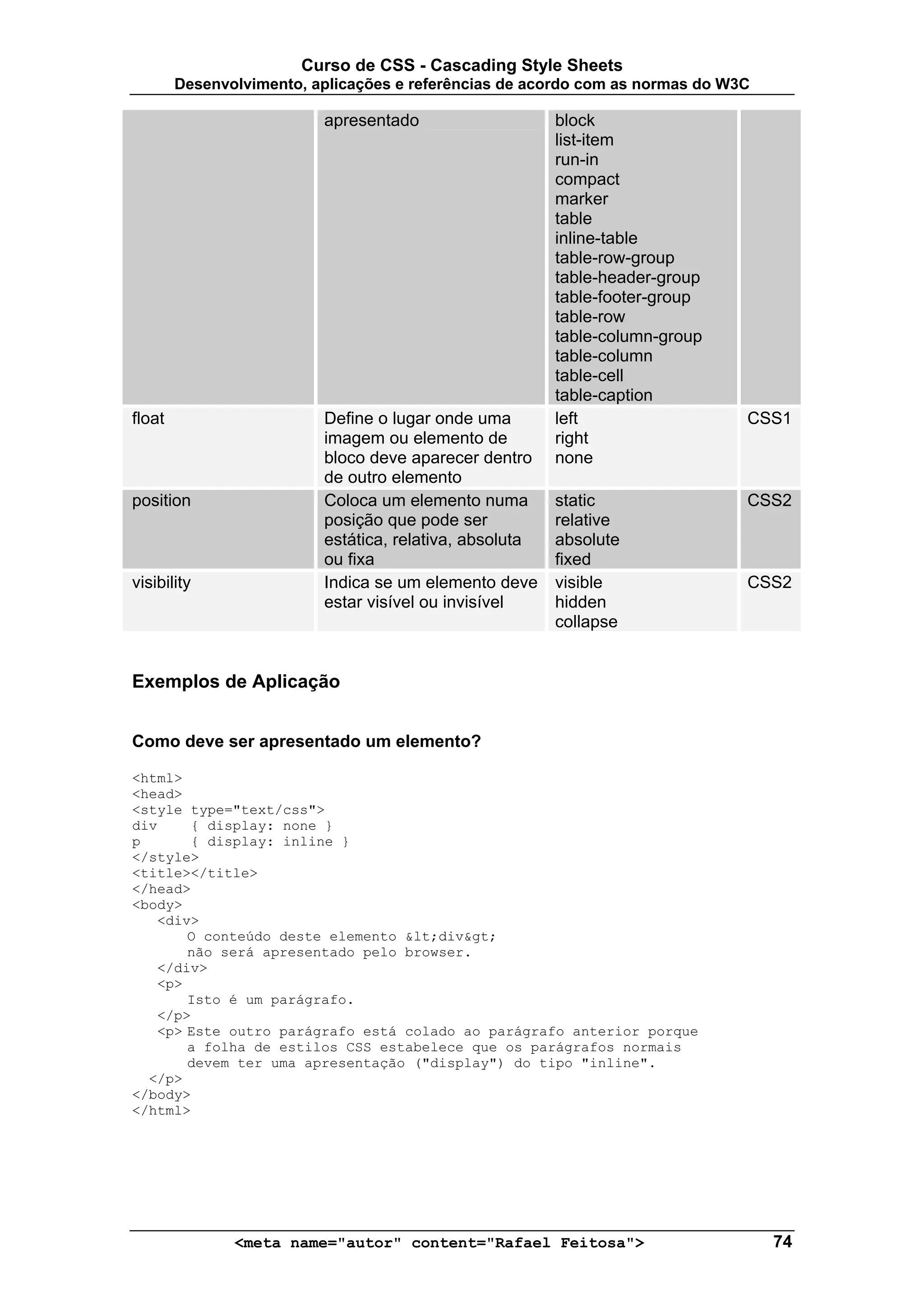 Curso de CSS - Cascading Style Sheets
        Desenvolvimento, aplicações e referências de acordo com as normas do W3C

                          apresentado                    block
                                                         list-item
                                                         run-in
                                                         compact
                                                         marker
                                                         table
                                                         inline-table
                                                         table-row-group
                                                         table-header-group
                                                         table-footer-group
                                                         table-row
                                                         table-column-group
                                                         table-column
                                                         table-cell
                                                         table-caption
float                     Define o lugar onde uma        left                  CSS1
                          imagem ou elemento de          right
                          bloco deve aparecer dentro     none
                          de outro elemento
position                  Coloca um elemento numa        static                CSS2
                          posição que pode ser           relative
                          estática, relativa, absoluta   absolute
                          ou fixa                        fixed
visibility                Indica se um elemento deve     visible               CSS2
                          estar visível ou invisível     hidden
                                                         collapse


Exemplos de Aplicação


Como deve ser apresentado um elemento?

<html>
<head>
<style type="text/css">
div    { display: none }
p      { display: inline }
</style>
<title></title>
</head>
<body>
   <div>
       O conteúdo deste elemento <div>
       não será apresentado pelo browser.
   </div>
   <p>
       Isto é um parágrafo.
   </p>
   <p> Este outro parágrafo está colado ao parágrafo anterior porque
       a folha de estilos CSS estabelece que os parágrafos normais
       devem ter uma apresentação ("display") do tipo "inline".
  </p>
</body>
</html>




               <meta name="autor" content="Rafael Feitosa">                        74
 