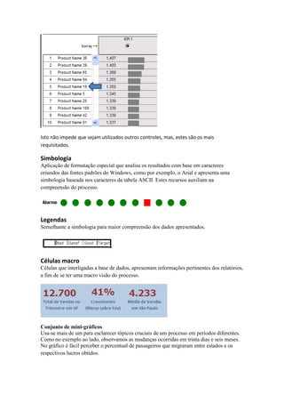 Isto não impede que sejam utilizados outros controles, mas, estes são os mais 
requisitados. 
Simbologia 
Aplicação de formatação especial que analisa os resultados com base em caracteres 
oriundos das fontes padrões do Windows, como por exemplo, o Arial e apresenta uma 
simbologia baseada nos caracteres da tabela ASCII. Estes recursos auxiliam na 
compreensão do processo. 
Legendas 
Semelhante a simbologia para maior compreensão dos dados apresentados. 
Células macro 
Células que interligadas a base de dados, apresentam informações pertinentes dos relatórios, 
a fim de se ter uma macro visão do processo. 
Conjunto de mini-gráficos 
Usa-se mais de um para esclarecer tópicos cruciais de um processo em períodos diferentes. 
Como no exemplo ao lado, observamos as mudanças ocorridas em trinta dias e seis meses. 
No gráfico é fácil perceber o percentual de passageiros que migraram entre estados e os 
respectivos lucros obtidos. 
 