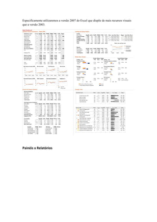Especificamente utilizaremos a versão 2007 do Excel que dispõe de mais recursos visuais que a versão 2003. 
Painéis x Relatórios  