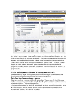 Um painel é uma interface visual que fornece em um relance, tópicos relevantes para um determinado objetivo ou processo de negócio e intuitivamente leva a uma conclusão mais apurada. São tipicamente de natureza gráfica, fornecendo visualizações que ajudam a centrar a sua atenção sobre as principais tendências, comparações, e exceções. Exibem apenas os dados que são relevantes, por que dashboards são concebidos com um propósito específico, conter conclusões predefinidas que aliviem o leitor de realizar sua própria análise. 
Conhecendo alguns modelos de Gráficos para Dashboard 
Há vários modelos sendo aperfeiçoados pelos especialistas. Cada especialista procura demonstrar o maior número de informações em um único gráfico. 
Painel de Monitoramento com alarme 
Ideal para monitorar o estoque mínimo de um produto. Usa um controle simbólico para alertar quando o estoque mínimo for atingido. Uso de gráfico combinado (colunas e linhas. Esta simbologia usa a seguinte representação: 
• Enquanto o estoque estiver dentro da normalidade apresenta um símbolo redondo e verde. 
• Quando atingir o estoque mínimo, ativa o alarme com um símbolo quadrado na cor vermelho que insinua a hora de repor o estoque. 
 