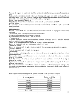 Às xerox do registro de nascimento dos filhos também deverão ficar arquivados para fiscalização do
INSS
Os documentos acima ( o contrato de trabalho, as declarações de opção para salário família, para fins de
imposto de renda, FGTS, vale transporte e o termo de responsabilidade para salário família) deverão ser
preenchidos em 2 vias de igual teor sendo uma fornecida ao empregado.
Artigos 1º e 2º da lei 5.583 de 06.12.64
" E proibido por lei reter documentos mesmo sendo copia do funcionário a ser admitido"
Artigo 53 da CLT
"A empresa que receber a carteira profissional e a retiver por mais de 48 horas ficara sujeita a multa de 5
salários mínimos"

Exames Médicos
Segundo o artigo 168 da CLT será obrigatório o exame medico por conta do empregador nas seguintes
condições:
- Na admissão (antes que o empregado inicie suas atividades)
A) exame medico para os homens maiores e menores
B) exame medico para as mulheres e teste de gravidez
- Periodicamente
Quando o empregado exercer atividade insalubre, devendo ser a cada ano ou a intervalos menores
conforme determine a convenção coletiva.
Devera ser anual para empregados menores de 18 anos e maiores de 45 anos.
Devera ser a cada dois anos para trabalhadores entre 18 e 45 anos.
- Retorno ao trabalho
Devera ser realizado no 1º dia após o afastamento de 30 dias ou mais por doença, acidente ou parto.
- Mudança de função
Antes da data da alteração de função do empregado.
- Na demissão
Exame medico e teste de gravidez para as mulheres, devendo ser obrigatório por qualquer motivo,
menos na admissão.
Os resultados dos exames médicos deverão ser comunicados ao trabalhador observados os preceitos
legais da Ética medica
Será obrigatória a notificação de doenças profissionais e das produzidas em virtude de condições
especiais de trabalho.
A primeira via do atestado de saúde devera ser arquivada no local de trabalho; a segunda via deve ser
entregue ao empregado.
Em todas as vias devera conter: Nome, numero de registro e função do empregado, Indicação dos
procedimentos médicos a que foi submetido, definição de apto ou inapto para a função, nome do medico,
data e assinatura.



As multas pela ausência do programa de controle medico de saúde ocupacional serão de:

                        Nº de empregados                      Multas em UFIR's
                               1 a 10                             378 a 428
                              11 a 25                             429 a 498
                              26 a 50                             499 a 580
                              5l a 100                            581 a 662
                             101 a 250                            663 a 744
                             251 a 500                            745 a 826
                            501 a 1.000                           827 a 906
                                                                                                        28
 