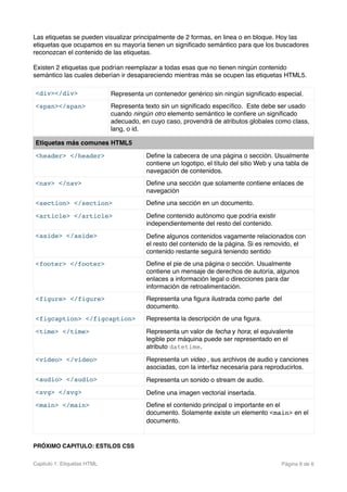 Las etiquetas se pueden visualizar principalmente de 2 formas, en linea o en bloque. Hoy las
etiquetas que ocupamos en su mayoría tienen un signiﬁcado semántico para que los buscadores
reconozcan el contenido de las etiquetas.
Existen 2 etiquetas que podrían reemplazar a todas esas que no tienen ningún contenido
semántico las cuales deberían ir desapareciendo mientras más se ocupen las etiquetas HTML5.
PRÓXIMO CAPITULO: ESTILOS CSS
<div></div> Representa un contenedor genérico sin ningún signiﬁcado especial.
<span></span> Representa texto sin un signiﬁcado especíﬁco.  Este debe ser usado
cuando ningún otro elemento semántico le conﬁere un signiﬁcado
adecuado, en cuyo caso, provendrá de atributos globales como class,
lang, o id.
Etiquetas más comunes HTML5
<header> </header> Deﬁne la cabecera de una página o sección. Usualmente
contiene un logotipo, el título del sitio Web y una tabla de
navegación de contenidos.
<nav> </nav> Deﬁne una sección que solamente contiene enlaces de
navegación
<section> </section> Deﬁne una sección en un documento.
<article> </article> Deﬁne contenido autónomo que podría existir
independientemente del resto del contenido.
<aside> </aside> Deﬁne algunos contenidos vagamente relacionados con
el resto del contenido de la página. Si es removido, el
contenido restante seguirá teniendo sentido
<footer> </footer> Deﬁne el pie de una página o sección. Usualmente
contiene un mensaje de derechos de autoría, algunos
enlaces a información legal o direcciones para dar
información de retroalimentación.
<figure> </figure> Representa una ﬁgura ilustrada como parte  del
documento.
<figcaption> </figcaption> Representa la descripción de una ﬁgura.
<time> </time> Representa un valor de fecha y hora; el equivalente
legible por máquina puede ser representado en el
atributo datetime.
<video> </video> Representa un video , sus archivos de audio y canciones
asociadas, con la interfaz necesaria para reproducirlos. 
<audio> </audio> Representa un sonido o stream de audio.
<svg> </svg> Deﬁne una imagen vectorial insertada.
<main> </main> Deﬁne el contenido principal o importante en el
documento. Solamente existe un elemento <main> en el
documento.
Capitulo 1: Etiquetas HTML Página de6 6
 
