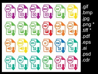 .gif
.bmp
.jpg
.png *
.tiff *
.pdf
.eps
.ai
.psd
.cdr
 