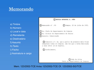 Memorando


a) Timbre
b) Número
c) Local e data
d) Remetente
e) Destinatário
f) Assunto
h) Texto
i) Fecho
j) Assinatura e cargo




   Mem. 123/2002-TCE Aviso 123/2002-TCE Of. 123/2002-SG/TCE
 