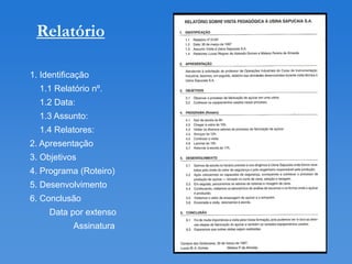 Relatório

1. Identificação
  1.1 Relatório nº.
  1.2 Data:
  1.3 Assunto:
  1.4 Relatores:
2. Apresentação
3. Objetivos
4. Programa (Roteiro)
5. Desenvolvimento
6. Conclusão
     Data por extenso
           Assinatura
 