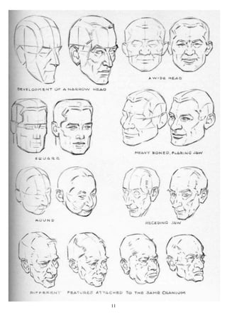 11
En los dibujos de las páginas 14
y 15 se muestran las posibilidades de
desarrollo de cualquier clase de tipo
según las variedades de cráneos.
Después de haber aprendido el planteo
de la bola y del plano, podéis hacer con
ello lo que os guste, colocando cada
parte en la construcción por medio de
las divisiones hechas en la línea media
del rostro, disponéis de mandíbula,
orejas, bocas, narices y ojos, ya sean
pequeñas o grandes. Los pómulos
pueden ser altos o bajos, el labio
superior largo o corto, las mejillas
llenas o hundidas. Mediante las
diferentes combinaciones de estos
elementos lograréis una variedad casi
infinita de caracteres. Constituye ello un
experimento muy divertido.
Aunque la construcción de
cualquier cabeza involucra un problema
más o menos idéntico, este libro está
dividido en secciones que se refieren al
dibujo de hombres, mujeres y niños de
distintas edades. Como veremos,
aunque las diferencias técnicas son
leves, la diferencia entre el aproche y el
sentimiento es considerable.
En la Parte Primera se explican
los problemas técnicos, y el
conocimiento así adquirido se aplica en
las últimas secciones que tratan de la
cabeza.
Dibujar manos
convincentemente es también
importante para el artista, y en este
campo tampoco existe mucho material
disponible. Se agregó la Parte Quinta
para facilitar la comprensión de
principios de construcción en los que se
basa la interpretación realista de la
mano.
Y ahora dispongámonos a
trabajar con tesón.
Cabeza con los medios que este a
vuestro alcance. No obstante, si queréis
hallar en vuestro trabajo la alegría y la
emoción del éxito, os insto a que tratéis
de mejorar vuestra habilidad.
 
