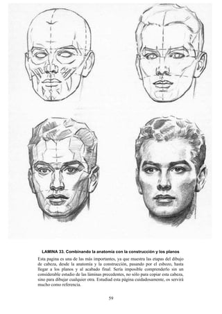 59
LAMINA 33. Combinando la anatomía con la construcción y los planos
Esta pagina es una de las más importantes, ya que muestra las etapas del dibujo
de cabeza, desde la anatomía y la construcción, pasando por el esbozo, hasta
llegar a los planos y al acabado final. Sería imposible comprenderlo sin un
considerable estudio de las láminas precedentes, no sólo para copiar esta cabeza,
sino para dibujar cualquier otra. Estudiad esta página cuidadosamente, os servirá
mucho como referencia.
 