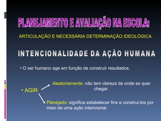 PLANEJAMENTO E AVALIAÇÃO NA ESCOLA: ARTICULAÇÃO E NECESSÁRIA DETERMINAÇÃO IDEOLÓGICA INTENCIONALIDADE DA AÇÃO HUMANA O ser humano age em função de construir resultados. AGIR Aleatoriamente:  não tem clareza de onde se quer chegar. Planejado:  significa estabelecer fins e construí-los por meio de uma ação intencional. 