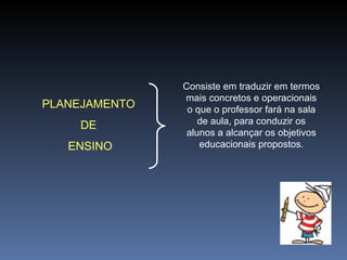 PLANEJAMENTO  DE  ENSINO Consiste em traduzir em termos mais concretos e operacionais o que o professor fará na sala de aula, para conduzir os alunos a alcançar os objetivos educacionais propostos. 