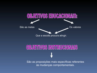 OBJETIVOS EDUCACIONAIS: São as metas Os valores Que a escola procura atingir. OBJETIVOS INSTRUCIONAIS São as proposições mais específicas referentes às mudanças comportamentais. 
