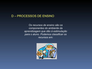 D – PROCESSOS DE ENSINO Os recursos de ensino são os componentes do ambiente da aprendizagem que dão à estimulação para o aluno. Podemos classificar os recursos em: 