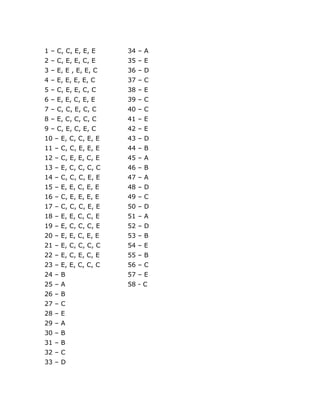 1 – C, C, E, E, E    34 – A
2 – C, E, E, C, E    35 – E
3 – E, E , E, E, C   36 – D
4 – E, E, E, E, C    37 – C
5 – C, E, E, C, C    38 – E
6 – E, E, C, E, E    39 – C
7 – C, C, E, C, C    40 – C
8 – E, C, C, C, C    41 – E
9 – C, E, C, E, C    42 – E
10 – E, C, C, E, E   43 – D
11 – C, C, E, E, E   44 – B
12 – C, E, E, C, E   45 – A
13 – E, C, C, C, C   46 – B
14 – C, C, C, E, E   47 – A
15 – E, E, C, E, E   48 – D
16 – C, E, E, E, E   49 – C
17 – C, C, C, E, E   50 – D
18 – E, E, C, C, E   51 – A
19 – E, C, C, C, E   52 – D
20 – E, E, C, E, E   53 – B
21 – E, C, C, C, C   54 – E
22 – E, C, E, C, E   55 – B
23 – E, E, C, C, C   56 – C
24 – B               57 – E
25 – A               58 - C
26 – B
27 – C
28 – E
29 – A
30 – B
31 – B
32 – C
33 – D
 