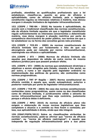 Direito Constitucional Curso Regular
Profª Nádia Carolina / Prof. Ricardo Vale
Prof. Nádia Carolina www.estrategiaconcursos.com.br 158 de 182
profissão, atendidas as qualificações profissionais que a lei
estabelecer, classifica-se, quanto ao grau de eficácia e
aplicabilidade, como de eficácia limitada, pois o legislador
constituinte regulou os interesses relativos à matéria, mas deixou
margem à atuação limitadora do legislador infraconstitucional.
152. (CESPE / TRE-BA - 2010) No tocante à aplicabilidade, de
acordo com a tradicional classificação das normas constitucionais,
são de eficácia limitada aquelas em que o legislador constituinte
regula suficientemente os interesses concernentes a determinada
matéria, mas deixa margem à atuação restritiva por parte da
competência discricionária do poder público, nos termos em que a
lei estabelecer ou na forma dos conceitos gerais nela previstos.
153. (CESPE / TCE-ES - 2009) As normas constitucionais de
eficácia limitada têm por fundamento o fato de que sua
abrangência pode ser reduzida por norma infraconstitucional,
restringindo sua eficácia e aplicabilidade.
154. (CESPE / STJ - 2008) Normas de eficácia limitada são
aquelas que dependem da edição de outra norma da mesma
estatura jurídica para que possam produzir efeito.
155. (CESPE / STJ - 2008) As normas que estabelecem diretrizes e
objetivos a serem atingidos pelo Estado, visando o fim social, ou
por outra, o rumo a ser seguido pelo legislador ordinário na
implementação das políticas de governo, são conhecidas como
normas programáticas.
156. (CESPE / TRT 9ª Região - 2007) Norma constitucional de
eficácia contida é aquela que, sendo autoaplicável, autoriza a
posterior restrição por parte do legislador infraconstitucional.
157. (CESPE / TCE-PE - 2004) No caso das normas constitucionais
conhecidas como programáticas, assim como no das classificadas
como de eficácia limitada, é juridicamente válido o advento de
norma infraconstitucional que lhes seja contrária, justamente
porque a eficácia delas é deficiente.
158. (CESPE / MPU- 2010) As normas de eficácia plena não
exigem a elaboração de novas normas legislativas que lhes
completem o alcance e o sentido ou lhes fixem o conteúdo; por
isso, sua aplicabilidade é direta, ainda que não integral.
159. (ESAF/PGFN/2012)
normas constitucionais, pode-
independe de regulação infraconstitucional para a sua plena
00000000000
00000000000 - DEMO
 