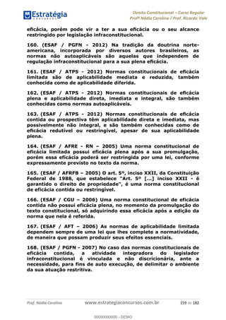 Direito Constitucional Curso Regular
Profª Nádia Carolina / Prof. Ricardo Vale
Prof. Nádia Carolina www.estrategiaconcursos.com.br 159 de 182
restringido por legislação infraconstitucional.
160. (ESAF / PGFN - 2012) Na tradição da doutrina norte-
americana, incorporada por diversos autores brasileiros, as
normas não autoaplicáveis são aquelas que independem de
161. (ESAF / ATPS - 2012
limitada são de aplicabilidade mediata e reduzida, também
conhecida como de aplicabilidade diferida.
162. (ESAF / ATPS - 2012
plena e aplicabilidade direta, imediata e integral, são também
conhecidas como normas autoaplicáveis.
163. (ESAF / ATPS - 2012
contida ou prospectiva têm aplicabilidade direta e imediata, mas
possivelmente não integral, e são também conhecidas como de
u restringível, apesar de sua aplicabilidade
plena.
164. (ESAF / AFRE - RN 2005) Uma norma constitucional de
eficácia limitada possui eficácia plena após a sua promulgação,
porém essa eficácia poderá ser restringida por uma lei, conforme
expressamente previsto no texto da norma.
165. (ESAF / AFRFB 2005) O art. 5º, inciso XXII, da Constituição
Federal de 1988, que estabelece "Art. 5º [...] inciso XXII - é
garantido o direito de propriedade", é uma norma constitucional
de eficácia contida ou restringível.
166. (ESAF / CGU 2006) Uma norma constitucional de eficácia
contida não possui eficácia plena, no momento da promulgação do
texto constitucional, só adquirindo essa eficácia após a edição da
norma que nela é referida.
167. (ESAF / AFT 2006) As normas de aplicabilidade limitada
dependem sempre de uma lei que lhes complete a normatividade,
de maneira que possam produzir seus efeitos essenciais.
168. (ESAF / PGFN - 2007) No caso das normas constitucionais de
eficácia contida, a atividade integradora do legislador
infraconstitucional é vinculada e não discricionária, ante a
necessidade, para fins de auto execução, de delimitar o ambiente
da sua atuação restritiva.
00000000000
00000000000 - DEMO
 