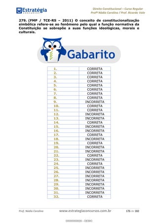 Direito Constitucional Curso Regular
Profª Nádia Carolina / Prof. Ricardo Vale
Prof. Nádia Carolina www.estrategiaconcursos.com.br 176 de 182
279. (FMP / TCE-RS 2011) O conceito de constitucionalização
simbólica refere-se ao fenômeno pelo qual a função normativa da
Constituição se sobrepõe a suas funções ideológicas, morais e
culturais.
1. CORRETA
2. CORRETA
3. CORRETA
4. CORRETA
5. CORRETA
6. CORRETA
7. CORRETA
8. CORRETA
9. INCORRETA
10. CORRETA
11. CORRETA
12. INCORRETA
13. INCORRETA
14. CORRETA
15. INCORRETA
16. INCORRETA
17. CORRETA
18. INCORRETA
19. CORRETA
20. INCORRETA
21. INCORRETA
22. CORRETA
23. INCORRETA
24. CORRETA
25. INCORRETA
26. INCORRETA
27. INCORRETA
28. INCORRETA
29. INCORRETA
30. INCORRETA
31. INCORRETA
32. CORRETA
00000000000
00000000000 - DEMO
 