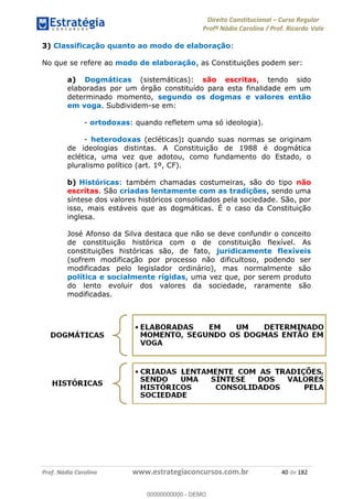 Direito Constitucional Curso Regular
Profª Nádia Carolina / Prof. Ricardo Vale
Prof. Nádia Carolina www.estrategiaconcursos.com.br 40 de 182
3) Classificação quanto ao modo de elaboração:
No que se refere ao modo de elaboração, as Constituições podem ser:
a) Dogmáticas (sistemáticas): são escritas, tendo sido
elaboradas por um órgão constituído para esta finalidade em um
determinado momento, segundo os dogmas e valores então
em voga. Subdividem-se em:
- ortodoxas: quando refletem uma só ideologia).
- heterodoxas (ecléticas): quando suas normas se originam
de ideologias distintas. A Constituição de 1988 é dogmática
eclética, uma vez que adotou, como fundamento do Estado, o
pluralismo político (art. 1º, CF).
b) Históricas: também chamadas costumeiras, são do tipo não
escritas. São criadas lentamente com as tradições, sendo uma
síntese dos valores históricos consolidados pela sociedade. São, por
isso, mais estáveis que as dogmáticas. É o caso da Constituição
inglesa.
José Afonso da Silva destaca que não se deve confundir o conceito
de constituição histórica com o de constituição flexível. As
constituições históricas são, de fato, juridicamente flexíveis
(sofrem modificação por processo não dificultoso, podendo ser
modificadas pelo legislador ordinário), mas normalmente são
política e socialmente rígidas, uma vez que, por serem produto
do lento evoluir dos valores da sociedade, raramente são
modificadas.
00000000000
00000000000 - DEMO
 