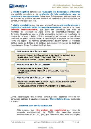 Direito Constitucional Curso Regular
Profª Nádia Carolina / Prof. Ricardo Vale
Prof. Nádia Carolina www.estrategiaconcursos.com.br 77 de 182
O efeito negativo consiste na revogação de disposições anteriores
em sentido contrário e na proibição de leis posteriores que se
oponham a seus comandos. Sobre esse último ponto, vale destacar que
as normas de eficácia limitada servem de parâmetro para o controle de
constitucionalidade das leis.
O efeito vinculativo, por sua vez, se manifesta na obrigação de que o
legislador ordinário edite leis regulamentadoras, sob pena de haver
omissão inconstitucional, que pode ser combatida por meio de
mandado de injunção ou Ação Direta de Inconstitucionalidade por
Omissão. Ressalte-se que o efeito vinculativo também se manifesta na
obrigação de que o Poder Público concretize as normas programáticas
previstas no texto constitucional. A Constituição não pode ser uma mera
ormas constitucionais devem refletir a realidade
político-social do Estado e as políticas públicas devem seguir as diretrizes
traçadas pelo Poder Constituinte Originário.
Outra classificação das normas constitucionais bastante cobrada em
concursos públicos é aquela proposta por Maria Helena Diniz, explanada
a seguir.
1) Normas com eficácia absoluta:
São aquelas que não podem ser suprimidas por meio de
emenda constitucional. Na CF/88, são exemplos aquelas
não será objeto
00000000000
00000000000 - DEMO
 