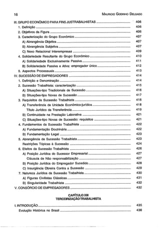 16 M aurício G odinho D elgado 
III. GRUPO ECONÔMICO PARA FINS JUSTRABALHISTAS....................................... 406 
1. Definição............................................................................................................... 406 
2. Objetivos da Figura.............................................................................................. 406 
3. Caracterização do Grupo Econômico................................................................. 407 
A) Abrangência Objetiva...................................................................................... 407 
B) Abrangência Subjetiva.................................................................................... 407 
C) Nexo Relacionai Interempresas................................................................... 409 
4. Solidariedade Resultante do Grupo Econômico............................................... 410 
A) Solidariedade Exclusivamente Passiva........................................................ 411 
B) Solidariedade Passiva e Ativa: empregador único...................................... 412 
5. Aspectos Processuais......................................................................................... 413 
IV. SUCESSÃO DE EMPREGADORES........................................................................ 414 
1. Definição e Denominação................................................................................... 414 
2. Sucessão Trabalhista: caracterização............................................................... 415 
A) Situações-tipo Tradicionais de Sucessão.................................................... 416 
B) Situações-tipo Novas de Sucessão.............................................................. 417 
3. Requisitos da Sucessão Trabalhista................................................................. 418 
A) Transferência de Unidade Econômico-jurídica............................................ 418 
Título Jurídico da Transferência.................................................................... 419 
B) Continuidade na Prestação Laborativa........................................................ 421 
C) Situações-tipo Novas de Sucessão: requisitos.......................................... 421 
4. Fundamentos da Sucessão Trabalhista........................................................... 422 
A) Fundamentação Doutrinária.......................................................................... 422 
B) Fundamentação Legal................................................................................... 423 
5. Abrangência da Sucessão Trabalhista.............................................................. 423 
Restrições Tópicas à Sucessão....................................................................... 424 
6. Efeitos da Sucessão Trabalhista....................................................................... 426 
A) Posição Jurídica do Sucessor Empresarial................................................. 427 
Cláusula de Não responsabilização........................................................... * 427 
B) Posição Jurídica do Empregador Sucedido................................................. 428 
C) Insurgência Obreira Contra a Sucessão..................................................... 429 
7. Natureza Jurídica da Sucessão Trabalhista...................................................... 430 
A) Figuras Civilistas Clássicas.......................................................................... 431 
B) Singularidade Trabalhista............................................................................. 432 
V. CONSÓRCIO DE EMPREGADORES....................................................................... 432 
CAPÍTULO XIII 
TERCEIRIZAÇÃO TRABALHISTA 
I. INTRODUÇÃO............................................................................................................ 435 
Evolução Histórica no Brasil................................................................................... 436 
 