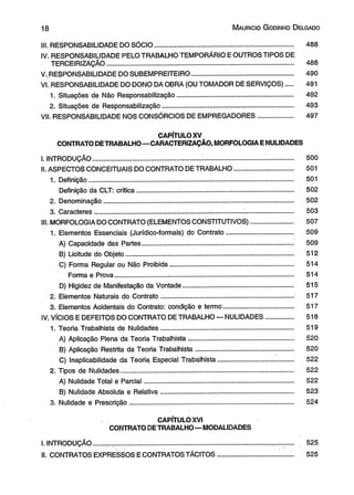18 M aur íc io G odinho D elgado 
III. RESPONSABILIDADE DO SÓCIO........................................................................... 488 
IV. RESPONSABILIDADE PELO TRABALHO TEMPORÁRIO E OUTROS TIPOS DE 
TERCEIRIZAÇÃO..................................... ................................................................ 488 
V..RESPONSABILIDADE DO SUBEMPREITEIRO....................................................... 490 
VI. RESPONSABILIDADE DO DONO DA OBRA (OU TOMADOR DE SERVIÇOS).......... 1. Situações de Não Responsabilização............................................................... 492 
2. Situações de Responsabilização....................................................................... 493 
VII. RESPONSABILIDADE NOS CONSÓRCIOS DE EMPREGADORES................... 497 
CAPÍTULO XV 
CONTRATO DETRABALHO—CARACTERIZAÇÃO, MORFOLOGIA E NULIDADES 
I. INTRODUÇÃO.......................................................... ................................................... 500 
II. ASPECTOS CONCEITUAIS DO CONTRATO DE TRABALHO................................ 501 
1. Definição............................................................................................................... 501 
Definição da CLT: crítica....................... .............................................................. 502 
2. Denominação....................................................................................... ................ 502 
3. Caracteres................................................................................. ........................- 503 
III. MORFOLOGIA DO CONTRATO (ELEMENTOS CONSTITUTIVOS)....................... 507 
1. Elementos Essenciais (Jurídico-formais) do Contrato.................................... 509 
A) Capacidade das Partes............................................................ ...................... 509 
B) Licitude do Objeto........................................................................................... 512 
C) Forma Regular ou Não Proibida.................................. ................................. 514 
Forma e Prova.......................................................... ....................................... 514 
D) Higidez de Manifestação da Vontade............................................................ 515 
2. Elementos Naturais do Contrato........... ............................................................. 517 
3. Elementos Acidentais do Contrato: condição e termo..................................... . 517 
IV. VÍCIOS E DEFEITOS DO CONTRATO DE TRABALHO — NULIDADES............... 518 
1. Teoria Trabalhista de Nulidades........................................................................ 519 
A) Aplicação Plena da Teoria Trabalhista............................. ............................ 520 
B) Aplicação Restrita da Teoria Trabalhista............... ..................................... 520 
C) Inaplicabilidade da Teoria Especial Trabalhista......................................... 522 
2. Tipos de Nulidades........................... ................................................................... 522 
A) Nulidade Total e Parcial........................ ............................. ........................... 522 
B) Nulidade Absoluta e Relativa........................................................................ 523 
3. Nulidade e Prescrição......................................................................................... 524 
CAPÍTULO XVI 
CONTRATO DE TRABALHO—MODALIDADES 
I. INTRODUÇÃO................ .................................................................................. 525 
II. CONTRATOS EXPRESSOS E CONTRATOS TÁCITOS................................ ......... 525 
 