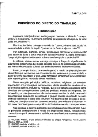 CAPÍTULO VI 
PRINCÍPIOS DO DIREITO DO TRABALHO 
I. INTRODUÇÃO 
A palavra princípio traduz, na linguagem corrente, a ideia de "começo, 
início”, e, nesta linha, “o primeiro momento da existência de algo ou de uma 
ação ou processd'm. 
Mas traz, também, consigo o sentido de “causa primeira, raiz, razão" e, 
nesta medida, a ideia de aquilo “que serve de base a alguma coisá’<2). 
Por extensão, significa, ainda, “proposição elementar e fundamental 
que serve de base a uma ordem de conhecimentos" e, nesta dimensão, 
“proposição lógica fundamental sobre a qual se apoia o raciocínio"l3). 
A palavra, desse modo, carrega consigo a força do significado de 
proposição fundamental. E é nessa acepção que ela foi incorporada por distin­tas 
formas de produção cultural dos seres humanos, inclusive o Direito. 
Assim, princípio traduz, de maneira geral, a noção de proposições fun­damentais 
que se formam na consciência das pessoas e grupos sociais, a 
partir de certa realidade, e que, após formadas, direcionam-se à compreen­são, 
reprodução ou recriação dessa realidade. 
Nessa acepção, princípios políticos, morais ou religiosos, por exemplo, 
importariam em proposições fundamentais, ideais, resultantes de determina­do 
contexto político, cultural ou religioso, que se reportam à realidade como 
diretrizes de correspondentes condutas políticas, morais ou religiosas. Em 
tal sentido, os princípios seriam elementos componentes da visão de mundo 
essencial que caracteriza as pessoas e grupos sociais, resultando de suas 
práticas cotidianas e sobre elas influindo. Na dinâmica das pessoas e socie­dades, 
os princípios atuariam como enunciados que refletem e informam — 
em maior ou menor grau — as práticas individuais e sociais correspondentes. 
Nas ciências, a palavra princípio é apreendida com sentido similar. Aqui, 
os princípios correspondem à noção de proposições ideais, fundamentais, 
construídas a partir de uma certa realidade e que direcionam a compreensão 
(1) HOUAISS, Antônio, et alii. Dicionário Houaiss da Língua Portuguesa. Rio de Janeiro: 
Objetiva, 2001. p. 2299. 
(2) HOUAISS, Antônio, et alii, loc. cit. 
(3) HOUAISS, Antônio, et alii, loc. cit. 
 