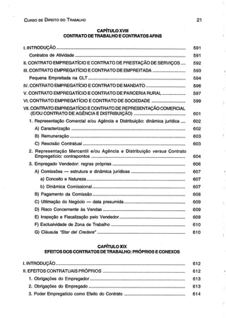 C urso de D ireito do T rabalho 21 
CAPÍTULO XVIII 
CONTRATO DE TRABALHO E CONTRATOS AFINS 
I. INTRODUÇÃO............................................................................................................. 591 
Contratos de Atividade............................................................................................. 591 
II. CONTRATO EMPREGATÍCIO E CONTRATO DE PRESTAÇÃO DE SERVIÇOS.... 592 
III. CONTRATO EMPREGATÍCIO E CONTRATO DE EMPREITADA........................... 593 
Pequena Empreitada na CLT.................................................................................. 594 
IV. CONTRATO EMPREGATÍCIO E CONTRATO DE MANDATO................................. 596 
V. CONTRATO EMPREGATÍCIO E CONTRATO DE PARCERIA RURAL.............. . 597 
VI. CONTRATO EMPREGATÍCIO E CONTRATO DE SOCIEDADE............................ 599 
VII. CONTRATO EMPREGATÍCIO E CONTRATO DE REPRESENTAÇÃO COMERCIAL 
(E/OU CONTRATO DE AGÊNCIA E DISTRIBUIÇÃO)........................................... 601 
1. Representação Comercial e/ou Agência e Distribuição: dinâmica jurfdica .... 602 
A) Caracterização................................................................................................. 602 
B) Remuneração.................................................................................................. 603 
C) Rescisão Contratual...................................................................................... 603 
2. Representação Mercantil e/ou Agência e Distribuição versus Contrato 
Empregatício: contrapontos............................................................................... 604 
3. Empregado Vendedor: regras próprias............................................................. 606 
A) Comissões — estrutura e dinâmica jurídicas............................................. 607 
a) Conceito e Natureza................................................................................... 607 
b) Dinâmica Comissionai.............................................................................. 607 
B) Pagamento da Comissão.............................................................................. 608 
C) Ultimação do Negócio — data presumida................................................... 609 
D) Risco Concernente às Vendas..................................................................... 609 
E) Inspeção e Fiscalização pelo Vendedor....................................................... 609 
F) Exclusividade de Zona de Trabalho.............................................................. 610 
G) Cláusula “Star dei Credere".......................................................................... 610 
CAPÍTULO XIX 
EFEITOS DOS CONTRATOS DE TRABALHO: PRÓPRIOS E CONEXOS 
I. INTRODUÇÃO............................................................................................................. 612 
II. EFEITOS CONTRATUAIS PRÓPRIOS..................................................................... 612 
1. Obrigações do Empregador................................................................................ 613 
2. Obrigações do Empregado................................................................................. 613 
3. Poder Empregatício como Efeito do Contrato................................................... 614 
 