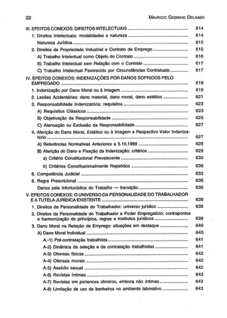 2 2 M aurício G odinho D elgado 
II!. EFEITOS CONEXOS: DIREITOS INTELECTUAIS.................................................. 614 
1. Direitos Intelectuais: modalidades e natureza.................................................. 614 
Natureza Jurídica................................................................................................. 615 
2. Direitos da Propriedade Industrial e Contrato de Emprego............................. 615 
A) Trabalho Intelectual como Objeto do Contrato............................................. 616 
B) Trabalho Intelectual sem Relação com o Contrato..................................... 617 
C) Trabalho Intelectual Favorecido por Circunstâncias Contratuais.............. 617 
IV. EFEITOS CONEXOS: INDENIZAÇÕES POR DANOS SOFRIDOS PELO 
EMPREGADO.............................................................. :........................................... 618 
1. Indenização por Dano Moral ou à Imagem........................................................ 619 
2. Lesões Acidentárias: dano material, dano moral, dano estético.................... 621 
3. Responsabilidade Indenizatória: requisitos...................................................... 623 
A) Requisitos Clássicos..................................................................................... 623 
B) Objetivação da Responsabilidade............. ................................................... 625 
C) Atenuação ou Exclusão da Responsabilidade............................................ 627 
4. Aferição do Dano Moral, Estético ou à Imagem e Respectivo Vaior Indeniza-tório...................................................................... 
................................................. 627 
A) Referências Normativas Anteriores a 5.10.1988......................................... 628 
B) Aferição do Dano e Fixação da Indenização: critérios................................. 629 
a) Critério Constitucional Prevalecente........................................................ 630 
b) Critérios Constitucionalmente Repelidos............................................... 630 
5. Competência Judicial.......................................................................................... 633 
6. Regra Prescricional............................................................. ............................... 635 
Danos pela Infortunística do Trabalho — transição......................................... 636 
V. EFEITOS CONEXOS: O UNIVERSO DA PERSONALIDADE DO TRABALHADOR 
E A TUTELA JURÍDICA EXISTENTE........................................................................ 638 
1. Direitos da Personalidade do Trabalhador: universo jurídico......................... 638 
2. Direitos da Personalidade do Trabalhador e Poder Empregatício: contrapontos 
e harmonização de princípios, regras e institutos jurídicos........................... 639 
3. Dano Moral na Relação de Emprego: situações em destaque................... . . 640 
A) Dano Moral Individual....:................................................................................ 640 
A.-1) Pré-contratação'trabalhista................................................................... 641 
A-2) Dinâmica da seleção e da contratação trabalhistas.......................... 641 
A-3) Ofensas físicas...................................................................................... 642 
A-4) Ofensas morais..................................................................................... 642 
A-5) Assédio sexual...................................................................................... 642 
A-6) Revistas íntimas.................................................................................... 643 
A-7) Revistas em pertences obreiros, embora não íntimas...................... 643 
A-8) Limitação de uso de banheiros no ambiente laborativo.................... 643 
 