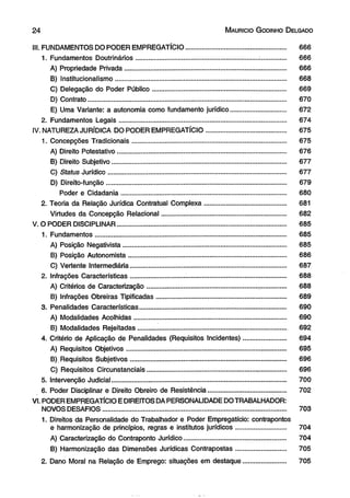 2 4 M aurício G odinho D elgado 
III. FUNDAMENTOS DO PODER EMPREGATÍCIO...................................................... 666 
1. Fundamentos Doutrinários.................................................................................. 666 
A) Propriedade Privada........................................................................................ 666 
B) Institucionalismo............................................................................................. 668 
C) Delegação do Poder Público........................................................................ 669 
D) Contrato............................................................................................................ 670 
E) Uma Variante: a autonomia como fundamento jurídico.............................. 672 
2. Fundamentos Legais........................................................................................... 674 
IV. NATUREZA JURÍDICA DO PODER EMPREGATÍCIO........................................... 675 
1. Concepções Tradicionais................................................................................... 675 
A) Direito Potestativo............................................................................................ 676 
B) Direito Subjetivo............................................................................................... 677 
C) Status Jurídico................................................................................................. 677 
D) Direito-função................................................................................................. 679 
Poder e Cidadania.......................................................................................... 680 
2. Teoria da Relação Jurídica Contratual Complexa............................................ 681 
Virtudes da Concepção Relacionai................................................................... 682 
V. O PODER DISCIPLINAR........................................................................................... 685 
1. Fundamentos........................................................................................................ 685 
A) Posição Negativista........................................................................................ 685 
B) Posição Autonomista..................................................................................... 686 
C) Vertente Intermediária..................................................................................... 687 
2. Infrações Características............................. ....................................................... 688 
A) Critérios de Caracterização............................................................ .............. 688 
B) Infrações Obreiras Tipificadas...................................................................... 689 
3. Penalidades Características............................................................................... 690 
A) Modalidades Acolhidas....................................... ........................................... 690 
B) Modalidades Rejeitadas................................................................................ 692 
4. Critério de Aplicação de Penalidades (Requisitos Incidentes)....................... 694 
A) Requisitos Objetivos...................................................................................... 695 
B). Requisitos Subjetivos..................................................................................... 696 
C) Requisitos Circunstanciais........................................................... ................ 696 
5. Intervenção Judicial............................................................................................... 700 
6. Poder Disciplinar e Direito Obreiro de Resistência.......................................... 702 
VI. PODER EMPREGATÍCIO E DIREITOS DA PERSONALIDADE DO TRABALHADOR: 
NOVOS DESAFIOS......................................................................................... .......... 703 
1. Direitos da Personalidade do Trabalhador e Podér Empregatício: contrapontos 
e harmonização de princípios, regras e institutos jurídicos........................... 704 
A) Caracterização do Contraponto Jurídico....................................................... 704 
B) Harmonização das Dimensões Jurídicas Contrapostas........................... 705 
2. Dano Moral na Relação de Emprego: situações em destaque....................... 705 
 