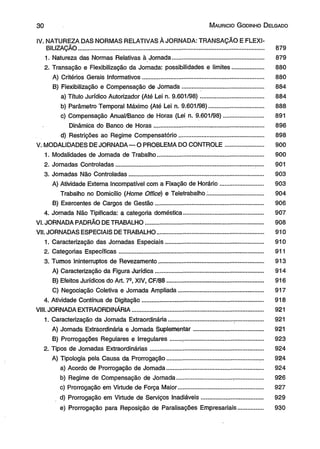 3 0 M aurício G odinho D elgado 
IV. NATUREZA DAS NORMAS RELATIVAS À JORNADA: TRANSAÇÃO E FLEXI­BILIZAÇÃO................................................................................................................ 
879 
1. Natureza das Normas Relativas à Jornada....................................................... 879 
2. Transação e Flexibilização da Jornada: possibilidades e limites................... 880 
A) Critérios Gerais Informativos......................................................................... 880 
B) Flexibilização e Compensação de Jornada................................................. 884 
a) Título Jurídico Autorizador (Até Lei n. 9.601/98)...................................... 884 
b) Parâmetro Temporal Máximo (Até Lei n. 9.601/98)................................. 888 
c) Compensação Anual/Banco de Horas (Lei n. 9.601/98)........................ 891 
Dinâmica do Banco de Horas................................. ................................ 896 
d) Restrições ao Regime Compensatório................................................... 898 
V. MODALIDADES DE JORNADA — O PROBLEMA DO CONTROLE............ ........... 900 
1. Modalidades de Jornada de Trabalho................................................................ 900 
2. Jornadas Controladas................................................................................... ..... 901 
3. Jornadas Não Controladas................................................................................. 903 
A) Atividade Externa Incompatível com a Fixação de Horário.......................... 903 
Trabalho no Domicílio (Home Office) e Teletrabalhò.................................. 904 
B) Exercentes de Cargos de Gestão................................................................. 906 
4. Jornada Não Tipificada: a categoria doméstica................................................ 907 
VI. JORNADA PADRÃO DE TRABALHO....................................................................... 908 
VII. JORNADAS ESPECIAIS DE TRABALHO................................................................ 910 
1. Caracterização das Jornadas Especiais........................................................... 910 
2. Categorias Específicas....................................................................................... 911 
3. Tumos Ininterruptos de Revezamento............................................................... 913 
A) Caracterização da Figura Jurídica................................................................. 914 
B) Efeitos Jurídicos do Art. 7e, XIV, CF/88.......................................................... 916 
C) Negociação Coletiva e Jornada Ampliada................................................... 917 
4. Atividade Contínua de Digitação......................................................................... 918 
VIII. JORNADA EXTRAORDINÁRIA............................................................................... 921 
1. Caracterização da Jornada Extraordinária....................................... ................. 921 
A) Jornada Extraordinária e Jornada Suplementar.......................................... 921 
B) Prorrogações Regulares e Irregulares...... ,................................................. 923 
2. Tipos de Jornadas Extraordinárias.................................................................... 924 
A) Tipologia pela Causa da Prorrogação..................................................... . 924 
a) Acordo de Prorrogação de Jornada...................................................... . 924 
b) Regime de Compensação de Jornada................................. .................. 926 
c) Prorrogação em Virtude de Força Major................................................... 927 
d) Prorrogação em Virtude de Serviços Inadiáveis..................................... 929 
e) Prorrogação para Reposição de Paralisações Empresariais............... 930 
 
