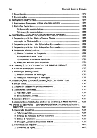 3 6 M aurício G odinho D elgado 
1. Conceituação........................................................................................................ 1072 
2. Denominações..................................................................................................... 1073 
III. DISTINÇÕES RELEVANTES.................................................................................... 1074 
1. Interrupção e Suspensão: críticas à tipologia celetista.................................... 1074 
2. Distinções Existentes.......................................................................................... 1075 
A) Suspensão: características...................................................................... 1076 
B) Interrupção: características....................................................................... 1076 
IV. SUSPENSÃO— CASOS TIPIFICADOS E EFEITOS JURÍDICOS......................... 1077 
1. Suspensão por Motivo Alheio à Vontade Obreira.............................................. 1077 
Atenuação de Eteitos Jurídicos.......................................................................... 1078 
2. Suspensão por Motivo Lícito Atribuível ao Empregado.... .....:........................... 1078 
3. Suspensão por Motivo Ilícito Atribuível ao Empregado..................................... 1079 
4. Suspensão: efeitos jurídicos.............................................................................. 1079 
A) Efeitos Contratuais da Suspensão............................................................... 1079 
a) Suspensão e Justa Causa....................................................................... 1080 
b) Suspensão e Pedido de Demissão......................................................... 1081 
B) Prazo para Retorno após Suspensão.......................................................... 1081 
V. INTERRUPÇÃO — CASOS TIPIFICADOS E EFEITOS JURÍDICOS...................... 1082 
1. Casos de Interrupção Contratual....................................................................... 1083 
2. Interrupção: efeitos jurídicos............................................................................... 1085 
A) Efeitos Contratuais da Interrupção................................................................ 1085 
B) Prazo para Retomo após a Interrupção........................................................ 1086 
VI. INTERRUPÇÃO E SUSPENSÃO: SITUAÇÕES CONTROVERTIDAS................... 1086 
1. Serviço Militar........................................................................................................ 1087 
2. Acidente do Trabalho ou Doença Profissional.................................................. 1089 
3. Afastamento Maternidade.................................................................................... 1090 
A) Aspectos Legais............................................................................................. 1091 
B) Enquadramento Jurídico................................................................................ 1092 
4. Encargos Públicos............................................................................................... 1093 
5. Afastamento da Trabalhadora em Face de Violência (Lei Maria da Penha).... 1095 
VII. CASOS EM DESTAQUE — SUSPENSÃO DISCIPLINAR E SUSPENSÃO PARA 
INQUÉRITO............................................................................................................. 1097 
1. Suspensão Disciplinar........................................................................................ 1098 
A) Natureza Jurídica............................................................................................ 1098 
B) Critérios de Aplicação da Pena Suspensiva.................................................. 1098 
C) Limites à Penalidade..................................................................................... 1099 
D) Dosagem Judicial da Suspensão: debate.................................................. 1099 
2. Suspensão para Inquérito................................................................................... 1100 
A) Cabimento da Figura...................................................................................... 1100 
 