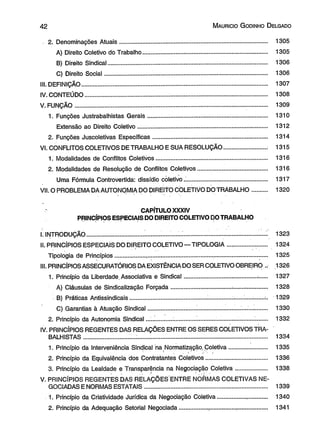 4 2 M aurício G odinho D elgado 
. 2. Denominações Atuais......................................................................................... 1305 
A) Direito Coletivo do Trabalho........................................................................... 1305 
B) Direito Sindical................................................................................................ 1306 
C) Direito Social.................................................................................................. 1306 
III. DEFINIÇÃO................................................................................................................ 1307 
IV. CONTEÚDO.............................................................................................................. 1308 
V. FUNÇÃO.................................................................................................................... 1309 
1. Funções Justrabalhistas Gerais............................ ............................................ 1310 
Extensão ao Direito Coletivo............................................................... .............. 1312 
2. Funções Juscoletivas Específicas..................................................................... 1314 
VI. CONFLITOS COLETIVOS DE TRABALHO E SUA RESOLUÇÃO......................... 1315 
1. Modalidades de Conflitos Coletivos................................................................... 1316 
2. Modalidades de Resolução de Conflitos Coletivos.......................................... 1316 
Uma Fórmula Controvertida: dissídio coletivo.................................................. 1317 
VII. O PROBLEMA DA AUTONOMIA DO DIREITO COLETIVO DO TRABALHO......... 1320 
CAPÍTULO XXXIV 
PRINCÍPIOS ESPECIAIS DO DIREITO COLETIVO DO TRABALHO 
I. INTRODUÇÃO.................................. !........................................................................ 1323 
II. PRINCÍPIOS ESPECIAIS DO DIREITO COLETIVO— TIPOLOGIA ......................... 1324 
Tipologia de Princípios..... ....................................................................................... 1325 
III. PRINCÍPIOS ASSECURATÓRIOS DA EXISTÊNCIA DO SER COLETIVO OBREIRO .. 1326 
1. Princípio da Liberdade. Associativa e Sindical............................................ ...... 1327 
A) Cláusulas de Sindicalização Forçada.................................... ...................... 1328 
B) Práticas Antissindicais............................................. ............... ...... .............- 1329 
C) Garantias à Atuação Sindical............................ ............................................ 1330 
2. Princípio da Autonomia Sindical ............... :........................ ................................ 1332 
IV. PRINCÍPIOS REGENTES DAS RELAÇÕES ENTRE OS SERES COLETIVOS TRA­BALHISTAS 
........................ ....................................................................................... 1334 
1. Princípio da Interveniência Sindical na Normatização. Coletiva...................... 1335 
2. Princípio da Equivalência dos Contratantes Coletivos.................................... 1336 
3. Princípio da Lealdade e Transparência na Negociação Coletiva................... 1338 
V. PRINCÍPIOS REGENTES DAS RELAÇÕESENTRE NORMAS COLETIVAS NE­GOCIADAS 
E NORMAS ESTATAIS........................................................................ 1339 
1. Princípio da Criatividade Jurídica da Negociação Coletiva................. ,........... 1340 
2. Princípio da Adequação Setorial Negociada................. ............... .................... 1341 
 