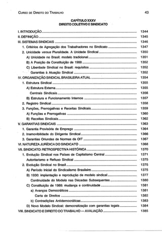 C urso de D ireito do T rabalho 4 3 
CAPÍTULO XXXV 
DIREITO COLETIVO E SINDICATO 
I. INTRODUÇÃO.............................................................................................................. 1344 
II. DEFINIÇÃO.................................................................................................................. 1345 
III. SISTEMAS SINDICAIS........... ................................................................................... 1346 
1. Critérios de Agregação dos Trabalhadores no Sindicato................................ 1347 
2. Unicidade versus Pluralidade. A Unidade Sindical........................................... 1350 
A) Unicidade no Brasil: modelo tradicional................................. ...................... 1351 
B) A Posição da Constituição de 1988.............................................................. 1352 
C) Liberdade Sindical no Brasil: requisitos...................................................... 1352 
Garantias à Atuação Sindical......................................................................... 1352 
IV. ORGANIZAÇÃO SINDICAL BRASILEIRA ATUÁL.......... .'.......... ....... ...................... 1354 
1. Estrutura Sindical................................................................................................. 1355 
A) Estrutura Externa................................. ........................................................ 1355 
Centrais Sindicais........................................................................................... 1356 
B) Estrutura e Funcionamento Internos............................................................ 1357 
2. Registro Sindical................................................................................................... 1358 
3. Funções, Prerrogativas e Receitas Sindicais.................................................... 1359 
A) Funções e Prerrogativas........................................................................ ........ 1360 
B) Receitas Sindicais........................................................................................... 1362 
V. GARANTIAS SINDiCAIS............................................................................................. 1363 
1. Garantia Provisória de Emprego......................................................................... 1364 
2. Inamovibilidade do Dirigente Sindical................................................................ 1366 
3. Garantias Oriundas de Normas da OIT............................................................. 1367 
VI. NATUREZA JURÍDICA DO SINDICATO.................................................................. 1368 
VII. SINDICATO: RETROSPECTIVA HISTÓRICA......... ................................................ 1370 
1. Evolução Sindical nos Países de Capitalismo Central.................................... 1371 
Autoritarismo e Refluxo Sindical........................................................................ 1375 
2. Evolução Sindical no Brasil................................................................................. 1375 
A) Período Inicial do Sindicalismo Brasileiro................ .................................. 1375 
B) 1930: implantação e reprodução de modelo sindical...................... ........... 1377 
Continuidade do Modelo nas Décadas Subsequentes.............................. 1380 
C) Constituição de 1988: mudança e continuidade......................................... 1381 
a) Avanços Democráticos.............................................................................. 1381 
Carta de Direitos............................... :....................................................... 1382 
b) Contradições Antidemocráticas................................................................ 1383 
D) Novo Modelo Sindical: democratização com garantias legais................... 1384 
VIII. SINDICATO E DIREITO DO TRABALHO— AVALIAÇÃO...................................... 1385 
 