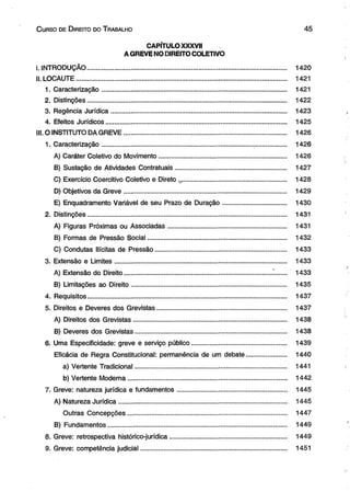 C urso de D ireito do T rabalho 4 5 
CAPÍTULO XXXVII 
A GREVE NO DIREITO COLETIVO 
i. INTRODUÇÃO............................................................................................................ 1420 
II. LOCAUTE.................................................................................................................... 1421 
1. Caracterização...................................................................................................... 1421 
2. Distinções............................................................................................................. 1422 
3. Regência Jurídica................................................................................................. 1423 
4. Efeitos Jurídicos.................................................................................................... 1425 
III. O INSTITUTO DA GREVE.......................................................................................... 1426 
1. Caracterização..................................................................................................... 1426 
A) Caráter Coletivo do Movimento............................ .......................................... 1426 
B) Sustação de Atividades Contratuais............................................................. 1427 
C) Exercício Coercitivo Coletivo e Direto ._.......................................................... 1428 
D) Objetivos da Greve.......................................................................................... 1429 
E) Enquadramento Variável de seu Prazo de Duração................................... 1430 
2. Distinções.............................................................................................................. 1431 
A) Figuras Próximas ou Associadas................................................................. 1431 
B) Formas de Pressão Social............................................................................ 1432 
C) Condutas Ilícitas de Pressão........................................................................ 1433 
3. Extensão e Limites............................................................................................... 1433 
A) Extensão do Direito................................................................................. "...... 1433 
B) Limitações ao Direito........................................ ............................................. 1435 
4. Requisitos.............................................................................................................. 1437 
5. Direitos e Deveres dos Grevistas....................................................................... 1437 
A) Direitos dos Grevistas.................................................................................... 1438 
B) Deveres dos Grevistas................................................................................... 1438 
6. Uma Especificidade: greve e serviço público.................................................... 1439 
Eficácia de Regra Constitucional: permanência de um debate...................... 1440 
a) Vertente Tradicional................................................................................... 1441 
b) Vertente Moderna........................................................................................ 1442 
7. Greve: natureza jurídica e fundamentos........................................................... . 1445 
A) Natureza Jurídica............................................................................................. 1445 
Outras Concepções........................................................................................ 1447 
B) Fundamentos.................................................................................................. 1449 
8. Greve: retrospectiva histórico-jurídica................................................................ 1449 
9. Greve: competência judicial................................................................................ 1451 
 