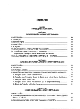 SUMÁRIO 
LIVRO I 
INTRODUÇÃO E PARTE GERAL 
CAPÍTULO I 
CARACTERIZAÇÃO DO DIREITO DO TRABALHO 
I. INTRODUÇÃO.............................................................................................................. 49 
II. DEFINIÇÃO.................................................................................................................. 49 
III. DENOMINAÇÃO......................................................................................................... 52 
IV. CONTEÚDO............................................................................................................... 55 
V. FUNÇÕES................................................................................................................... 57 
VI. ABRANGÊNCIA DA ÁREA JURÍDICO-TRABALHISTA............................................ 62 
VII. DIVISÃO INTERNA DO DIREITO DO TRABALHO................................................. 63 
Segmento em Destaque: Direito Internacional do Trabalho.............................. 65 
VIII. CARACTERÍSTICAS DO DIREITO DO TRABALHO — SÍNTESE........................ 66 
CAPÍTULO II 
AUTONOMIA E NATUREZA JURÍDICA DO DIREITO DO TRABALHO 
I. INTRODUÇÃO............................................................................................................. 68 
II. AUTONOMIA................................................................... ............................................ 68 
III. NATUREZA JURÍDICA............................................................................................... 71 
IV. RELAÇÕES DO DIREITO DO TRABALHO COM OUTROS CAMPOS DO DIREITO .. 76 
1. Relações com o Direito Constitucional.............................................. 76 
2. Relações com Princípios Gerais de Direito e de outros Ramos Jurídicos... 77 
3. Relações com o Direito Civil................................................................ 79 
4. Relações com o Direito Previdenciário (ou de Seguridade Social).. 80 
5. Direito do Trabalho e Direitos Humanos........................................................... 81 
CAPÍTULO III 
ORIGEM E EVOLUÇÃO DO DIREITO DO TRABALHO 
I. INTRODUÇÃO.............................................................................................................. 83 
II. ORIGEM E DESENVOLVIMENTO DO DIREITO DO TRABALHO — PROPOSIÇÕES 
METODOLÓGICAS...................................................................................................... 83 
III. POSICIONAMENTO DO DIREITO DO TRABALHO NA HISTÓRIA......................... 85 
 