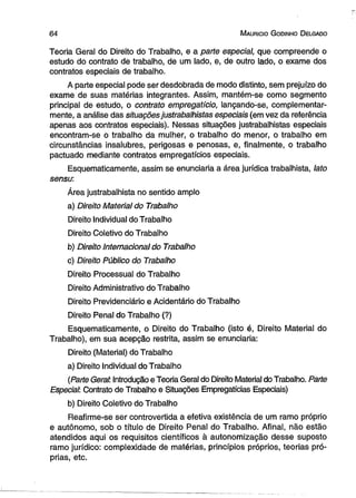 6 4 M aurício G odinho D elgado 
Teoria Gerai do Direito do Trabalho, e a parte especial, que compreende o 
estudo do contrato de trabalho, de um lado, e, de outro lado, o exame dos 
contratos especiais de trabalho. 
A parte especial pode ser desdobrada de modo distinto, sem prejuízo do 
exame de suas matérias integrantes. Assim, mantém-se como segmento 
principal de estudo, o contrato empregatício, lançando-se, complementar-mente, 
a análise das situações justrabalhistas especiais (em vez da referência 
apenas aos contratos especiais). Nessas situações justrabalhistas especiais 
encontram-se o trabalho da mulher, o trabalho do menor, o trabalho em 
circunstâncias insalubres, perigosas e penosas, e, finalmente, o trabalho 
pactuado mediante contratos empregatícios especiais. 
Esquematicamente, assim se enunciaria a área jurídica trabalhista, lato 
sensu: 
Área justrabalhista no sentido amplo 
a) Direito Material do Trabalho 
Direito Individual do Trabalho 
Direito Coletivo do Trabalho 
b) Direito internacional do Trabalho 
c) Direito Público do Trabalho 
Direito Processual do Trabalho 
Direito Administrativo do Trabalho 
Direito Previdenciário e Acidentário do Trabalho 
Direito Penal do Trabalho (?) 
Esquematicamente, o Direito do Trabalho (isto é, Direito Material do 
Trabalho), em sua acepção restrita, assim se enunciaria: 
Direito (Material) do Trabalho 
a) Direito Individual do Trabalho 
(Parte Gerat. Introdução e Teoria Geral do Direito Material do Trabalho. Parte 
Especiak Contrato de Trabalho e Situações Empregatícias Especiais) 
b) Direito Coletivo do Trabalho 
Reafirme-se ser controvertida a efetiva existência de um ramo próprio 
e autônomo, sob o título de Direito Penal do Trabalho. Afinal, não estão 
atendidos aqui os requisitos científicos à autonomização desse suposto 
ramo jurídico: complexidade de matérias, princípios próprios, teorias pró­prias, 
etc. 
 