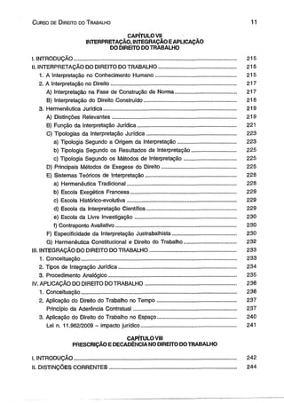 C urso de D ireito do T rabalho 11 
CAPÍTULO VII 
INTERPRETAÇÃO, INTEGRAÇÃO E APLICAÇÃO 
DO DIREITO DO TRABALHO 
I. INTRODUÇÃO............................................................................................................. 215 
II. INTERPRETAÇÃO DO DIREITO DO TRABALHO.................................................... 215 
1. A Interpretação no Conhecimento Humano...................................................... 215 
2. A Interpretação no Direito.................................................................................... 217 
A) Interpretação na Fase de Construção da Norma......................................... 217 
B) Interpretação do Direito Construído.............................................................. 218 
3. Hermenêutica Jurídica......................................................................................... 219 
A) Distinções Relevantes................................................................................... 219 
B) Função da Interpretação Jurídica.................................................................. 221 
C) Tipologias da Interpretação Jurídica............................................................ 223 
a) Tipologia Segundo a Origem da Interpretação............................. .......... 223 
b) Tipologia Segundo os Resultados da Interpretação.............................. 225 
c) Tipologia Segundo os Métodos de Interpretação................................... 225 
D) Principais Métodos de Exegese do Direito.................................................. 225 
E) Sistemas Teóricos de Interpretação............................................................. 228 
a) Hermenêutica Tradicional......................................................................... 228 
b) Escola Exegética Francesa....................................................................... 229 
c) Escola Histórico-evolutiva......................................................................... 229 
d) Escola da Interpretação Científica............................................................ 229 
e) Escola da Livre Investigação.................................................................... 230 
f) Contraponto Avaliativo................................................................................. 230 
F) Especificidade da Interpretação Justrabalhista........................................... 230 
G) Hermenêutica Constitucional e Direito do Trabalho................................... 232 
III. INTEGRAÇÃO DO DIREITO DO TRABALHO.......................................................... 233 
1. Conceituação........................................................................................................ 233 
2. Tipos de Integração Jurídica............................................................................... 234 
3. Procedimento Analógico...................................................................................... 235 
IV. APLICAÇÃO DO DIREITO DO TRABALHO.......... ................................................... 236 
1. Conceituação........................................................................................................ 236 
2. Aplicação do Direito do Trabalho no Tempo..................................................... 237 
Princípio da Aderência Contratual..................................................................... 237 
3. Aplicação do Direito do Trabalho no Espaço..................................................... 240 
Lei n. 11.962/2009 - impacto Jurídico................................................................ 241 
CAPÍTULO VIII 
PRESCRIÇÃO E DECADÊNCIA NO DIREITO DO TRABALHO 
I. INTRODUÇÃO............................................................................................................. 242 
II. DISTINÇÕES CORRENTES..................................................................................... 244 
 