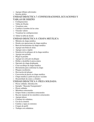 o Agregar dibujos adicionales
o Insertar globos
UNIDAD DIDÁCTICA 7: CONFIGURACIONES, ECUACIONES Y
TABLAS DE DISEÑO
o Configuraciones
o Tablas de Diseño
o Visualizar cotas
o Cambiar el nombre de las cotas
o Vincular valores
o Visualizar las configuraciones
o Editar la tabla de diseño
UNIDAD DIDÁCTICA 8: CHAPA METÁLICA
o Métodos de chapa metálica
o Diseño con operaciones de chapa metálica
o Barra de herramientas de chapa metálica
o Agregar una brida de arista
o Agregar caras a inglete
o Simetría de los pliegues de la chapa metálica
o Agregar una pestaña
o Plegar la pestaña
o Agregar un corte por un pliegue
o Doblar y desdoblar la pieza entera
o Opciones de chapa desplegada
o Crear un dibujo de chapa metálica
o Herramienta para conformar la chapa
o Pliegues recubiertos
o Desviación del pliegue
o Conversión de piezas en chapa metálica
o Chapa metálica a partir de piezas vaciadas
o Desenrollado de conos y cilindros
UNIDAD DIDÁCTICA 9: PIEZA SOLDADA
o Piezas soldadas. Introducción.
o Ejemplo: “Bancada Transportador”.
o Piezas soldadas
o Miembros estructurales
o Grupos frente a miembros estructurales
o Recorte manual de los miembros estructurales
o Agregar placas
o Cordones de soldadura
o Uso de la simetría
o Cartelas y tapas en extremos
o Croquis de perfil
o Trabajar con soldaduras
 