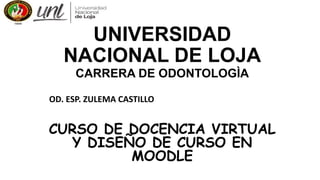 UNIVERSIDAD
NACIONAL DE LOJA
CARRERA DE ODONTOLOGÌA
CURSO DE DOCENCIA VIRTUAL
Y DISEÑO DE CURSO EN
MOODLE
OD. ESP. ZULEMA CASTILLO
 