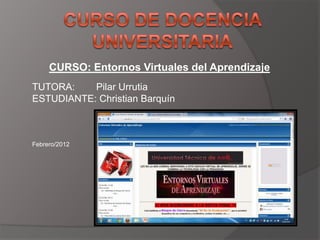 CURSO: Entornos Virtuales del Aprendizaje
TUTORA:    Pilar Urrutia
ESTUDIANTE: Christian Barquín



Febrero/2012
 