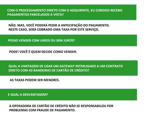 COM	
  O	
  PROCESSAMENTO	
  DIRETO	
  COM	
  O	
  ADQUIRINTE,	
  EU	
  CONSIGO	
  RECEBO	
  
PAGAMENTOS	
  PARCELADOS	
  À	
  VISTA?	
  
NÃO.	
  MAS,	
  VOCÊ	
  PODERÁ	
  PEDIR	
  A	
  ANTECIPAÇÃO	
  DO	
  PAGAMENTO.	
  
NESTE	
  CASO,	
  SERÁ	
  COBRADO	
  UMA	
  TAXA	
  POR	
  ESTE	
  SERVIÇO.	
  
POSSO	
  VENDER	
  COM	
  JUROS	
  OU	
  SEM	
  JUROS?	
  
PODE!	
  VOCÊ	
  É	
  QUEM	
  DECIDE	
  COMO	
  VENDER.	
  
QUAL	
  A	
  VANTAGEM	
  DE	
  USAR	
  UM	
  GATEWAY	
  INTERLIGADO	
  A	
  UM	
  CONTRATO	
  
DIRETO	
  COM	
  AS	
  BANDEIRAS	
  DE	
  CARTÃO	
  DE	
  CRÉDITO?	
  
AS	
  TAXAS	
  PODEM	
  SER	
  MENORES.	
  
E	
  QUAL	
  A	
  DESVANTAGEM?	
  
A	
  OPERADORA	
  DE	
  CARTÃO	
  DE	
  CRÉDITO	
  NÃO	
  SE	
  RESPONSABILIZA	
  POR	
  	
  
PROBLEMAS	
  COM	
  FRAUDE	
  DE	
  PAGAMENTO.	
  
 