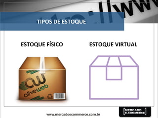 TIPOS	
  DE	
  ESTOQUE	
  
ESTOQUE	
  FÍSICO	
   ESTOQUE	
  VIRTUAL	
  
 