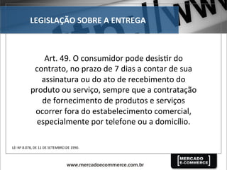 LEGISLAÇÃO	
  SOBRE	
  A	
  ENTREGA	
  
Art.	
  49.	
  O	
  consumidor	
  pode	
  desis`r	
  do	
  
contrato,	
  no	
  prazo	
  de	
  7	
  dias	
  a	
  contar	
  de	
  sua	
  
assinatura	
  ou	
  do	
  ato	
  de	
  recebimento	
  do	
  
produto	
  ou	
  serviço,	
  sempre	
  que	
  a	
  contratação	
  
de	
  fornecimento	
  de	
  produtos	
  e	
  serviços	
  
ocorrer	
  fora	
  do	
  estabelecimento	
  comercial,	
  
especialmente	
  por	
  telefone	
  ou	
  a	
  domicílio.	
  
LEI	
  Nº	
  8.078,	
  DE	
  11	
  DE	
  SETEMBRO	
  DE	
  1990.	
  
 