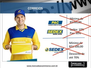 CORREIOS	
  
Mínimo	
  de	
  
R$160,00	
  
	
  
Sedex:	
  10%	
  
Pac:	
  30%	
  
Mínimo	
  de	
  
R$1.500,00	
  
	
  
Desconto	
  de	
  
até	
  70%	
  
 