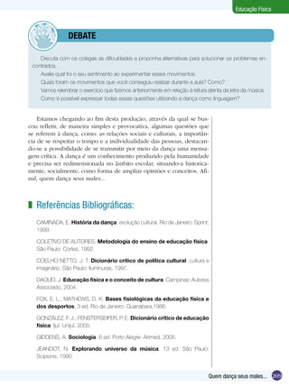 Educação Física

	

debate

Discuta com os colegas as dificuldades e proponha alternativas para solucionar os problemas encontrados.
Avalie qual foi o seu sentimento ao experimentar esses movimentos.
Quais foram os movimentos que você conseguiu realizar durante a aula? Como?
Vamos relembrar o exercício que fizemos anteriormente em relação à leitura atenta da letra da música.
Como é possível expressar todas essas questões utilizando a dança como linguagem?

Estamos chegando ao fim desta produção, através da qual se buscou refletir, de maneira simples e provocativa, algumas questões que
se referem à dança, como: as relações sociais e culturais, a importância de se respeitar o tempo e a individualidade das pessoas, destacando-se a possibilidade de se transmitir por meio da dança uma mensagem crítica. A dança é um conhecimento produzido pela humanidade
e precisa ser redimensionada no âmbito escolar, situando-a historicamente, socialmente, como forma de ampliar opiniões e conceitos. Afinal, quem dança seus males...

z Referências Bibliográficas:
CAMINADA, E. História da dança: evolução cultural. Rio de Janeiro: Sprint,
1999.
COLETIVO DE AUTORES. Metodologia do ensino de educação física.
São Paulo: Cortez, 1992.
COELHO NETTO, J. T. Dicionário crítico de política cultural: cultura e
imaginário. São Paulo: Iluminuras, 1997.
DAOLIO, J. Educação física e o conceito de cultura. Campinas: Autores
Associado, 2004.
FOX, E. L.; MATHEWS, D. K. Bases fisiológicas da educação física e
dos desportos. 3 ed. Rio de Janeiro: Guanabara,1986.
GONZÁLEZ, F. J.; FENSTERSEIFER, P. E. Dicionário crítico de educação
física. Ijuí: Unijuí, 2005.
GIDDENS, A. Sociologia. 6 ed. Porto Alegre: Artmed, 2005.
JEANDOT, N. Explorando universo da música. 13 ed. São Paulo:
Scipione, 1990.

Quem dança seus males... 209

 