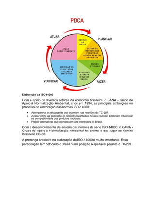 Elaboração da ISO-14000
Com o apoio de diversos setores da economia brasileira, o GANA - Grupo de
Apoio à Normalização Ambiental, criou em 1994, as principais atribuições no
processo de elaboração das normas ISO-14000:
 Acompanhar as discussões que ocorriam nas reuniões do TC-207;
 Avaliar como as sugestões e opiniões levantadas nessas reuniões poderiam influenciar
na competitividade dos produtos nacionais;
 Propor alternativas que atendessem aos interesses do Brasil.
Com o desenvolvimento da maioria das normas da série ISO-14000, o GANA -
Grupo de Apoio à Normalização Ambiental foi extinto e deu lugar ao Comitê
Brasileiro CB-38.
A presença brasileira na elaboração da ISO-14000 é muito importante. Essa
participação tem colocado o Brasil numa posição respeitável perante o TC-207.
 