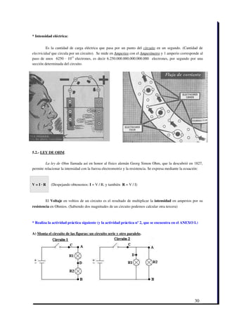 * Intensidad eléctrica:


          Es la cantidad de carga eléctrica que pasa por un punto del  circuito  en un segundo. (Cantidad de
electricidad que circula por un circuito).  Se mide en Amperios con el Amperímetro y 1 amperio corresponde al
paso de unos   6250 ∙ 1015  electrones, es decir 6.250.000.000.000.000.000   electrones, por segundo por una
sección determinada del circuito. 




5.2.­ LEY DE OHM.

         La ley de Ohm llamada así en honor al físico alemán Georg Simon Ohm, que la descubrió en 1827,
permite relacionar la intensidad con la fuerza electromotriz y la resistencia. Se expresa mediante la ecuación:



V = I ∙ R   (Despejando obtenemos: I = V / R; y también  R = V / I)



        El  Voltaje  en voltios de un circuito es el resultado de multiplicar la  intensidad  en amperios por su
resistencia en Ohmios. (Sabiendo dos magnitudes de un circuito podemos calcular otra tercera)



* Realiza la actividad práctica siguiente (y la actividad práctica nº 2, que se encuentra en el ANEXO I.)

A) Monta el circuito de las figuras: un circuito serie y otro paralelo.




                                                                                                          30
 